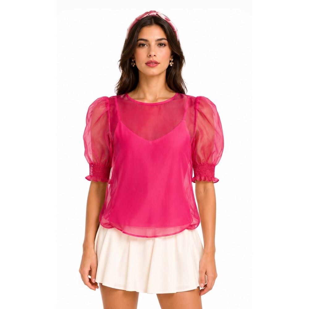 House of Harlow 1960 Sheer Hot Pink Puff Sleeve Organza Top Womens Small NEW